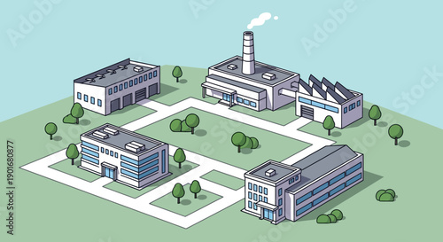 Isometric illustration of a modern industrial complex featuring multiple factory buildings, warehouses, and administrative offices connected by roads, representing a thriving manufacturing hub