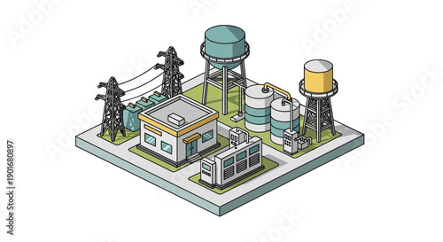Isometric illustration of an industrial power complex with high-voltage lines, transformers, and storage tanks, representing infrastructure for energy generation and electricity distribution