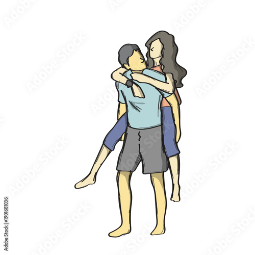 lover couple enjoying a piggyback ride illustration vector sketch with black lines