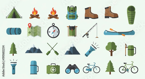 Outdoor Adventure Gear Collection Flat Design Icons.