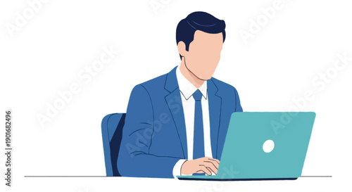 Flat vector illustration of professional business man working on laptop at office desk, tech company daily activity