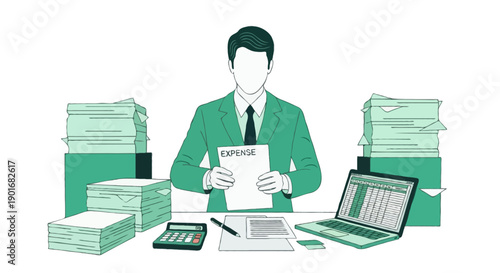 Flat vector illustration of professional finance worker organizing expense paperwork, administrative activity