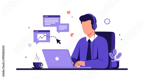 Flat vector illustration of professional tech worker working remotely with laptop, digital workplace activity