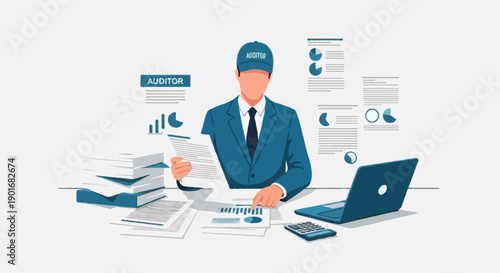 Flat vector illustration of professional auditor checking documents and reports, audit activity