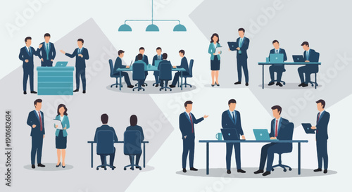 Flat vector illustration of professional business people collaborating in tech company office