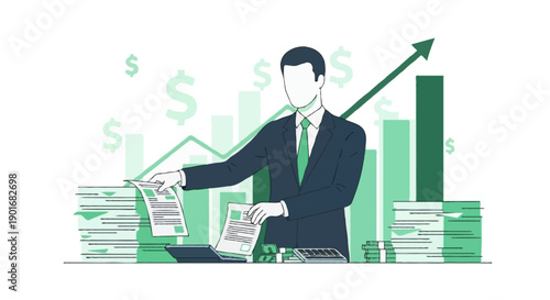 Flat vector illustration of professional finance worker organizing expense paperwork, administrative activity