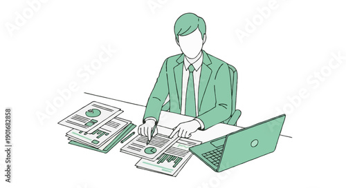 Flat vector illustration of professional business person preparing financial report, paperwork and laptop
