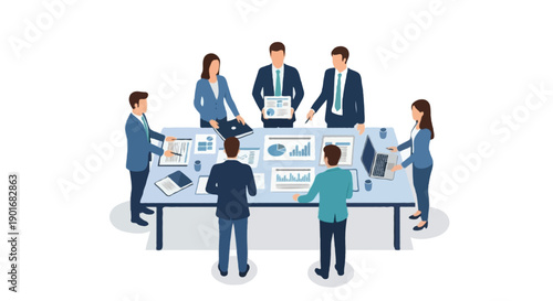 Flat vector illustration of professional business people planning project tasks together, standing discussion activity