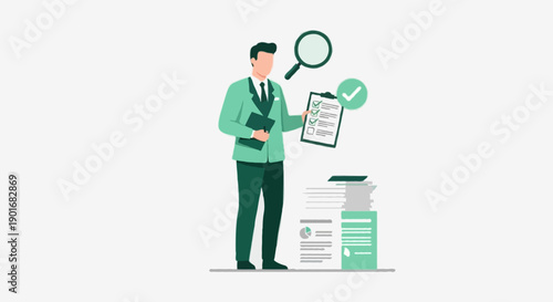 Flat vector illustration of professional auditor checking documents and checklist, audit activity
