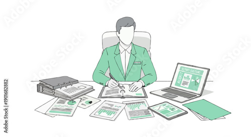 Flat vector illustration of professional auditor preparing audit report at office desk, paperwork activity