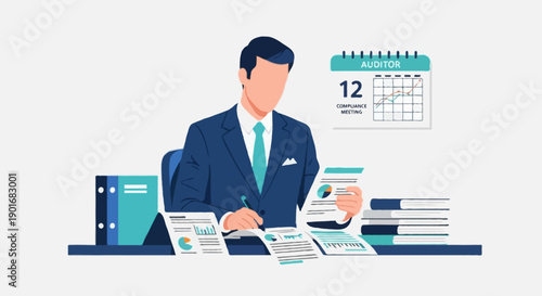 Flat vector illustration of professional auditor checking documents and reports, audit activity