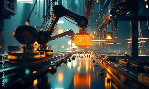 Industrial Robots Working in Modern Factory.