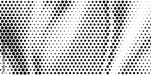 Black seamless hexagon texture. Repeated honeycomb pattern background. Geometric hexagonal halftone tech overlay backdrop. Abstract repeating hex halftone. Vector retro technology dot texure wallpaper