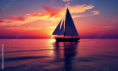 Sailboat Sailing on Calm Water at Sunset.