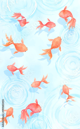 水彩風の涼しげな水で泳ぐたくさんの金魚背景_縦