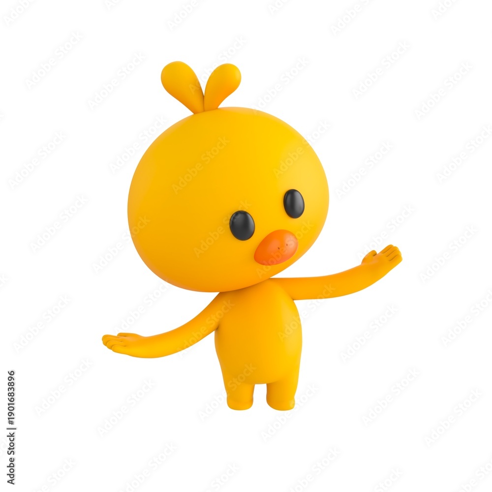 Obraz premium Cute 3D render Little Chick character thinking and comparing options with both hands open, thoughtful and curious mascot style, isolated on white background.