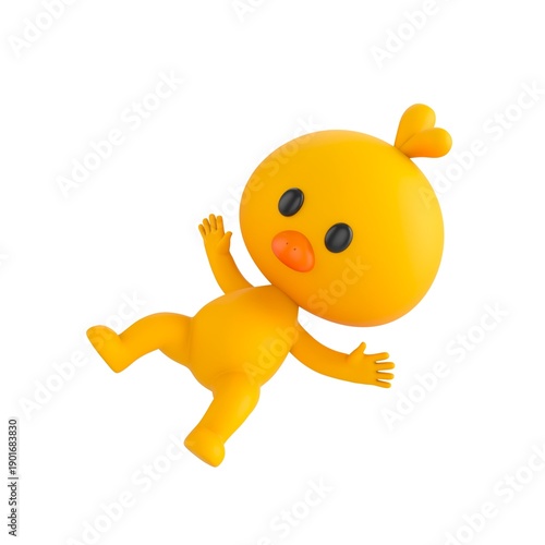 Foto Cute 3D render Little Chick character slipping and falling, surprised and playful expression, dynamic mascot style, isolated on white background