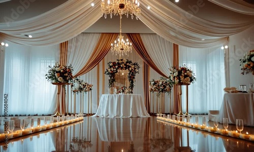 Luxurious Wedding Venue with Elegant Decorations and Chandelier.