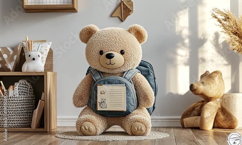 Teddy Bear with Backpack and Book in Nursery.