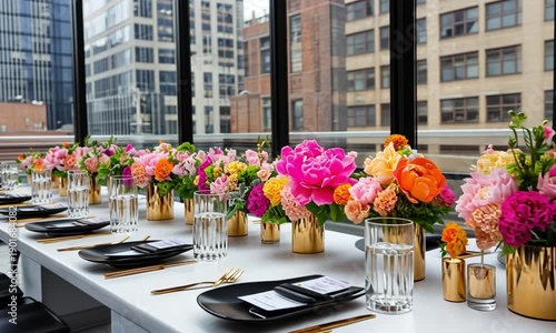 Elegant Dining Table with Floral Arrangements.