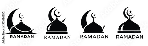 Set of four black Islamic mosque dome silhouettes with crescent moon and star icons above each dome, stylized in minimalist vector design with text "RAMADAN" below, representing Islamic holy month