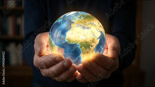 Cupped hands tenderly hold vibrant, glowing planet Earth globe, symbolizing global care and hopeful future. Light shines, conveying profound responsibility for our world