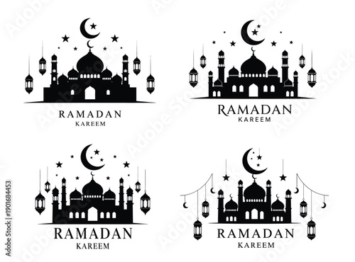 Ramadan Kareem mosque silhouette with crescent moon, stars, and hanging lanterns in black vector set representing Islamic festivity and nighttime prayer. Concept of spirituality, celebration, 