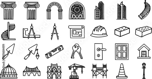 Construction and Architecture Line Art Icons Set: Buildings, Tools, Elements, and Engineering Symbols. Outline Vector Glyph Collection for Building Industry.