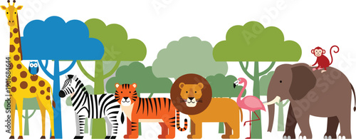 Cartoon safari animals illustration featuring giraffe zebra tiger lion elephant monkey and flamingo in forest background vector design