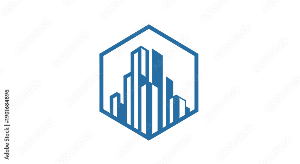 Fototapeta premium Geometric Urban Cityscape Logo Design Within Hexagon Shape With White Background
