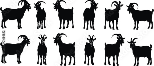 Goat silhouette set with multiple horned poses farm animal icons isolated on white background vector illustration collection for logo branding design
