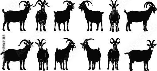 Goat silhouette set with multiple horned poses farm animal icons isolated on white background vector illustration collection for logo branding design