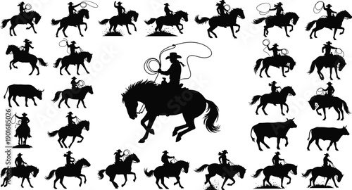 Large set of cowboy riding horse silhouettes with lasso western rodeo action poses collection isolated on white background vector illustration