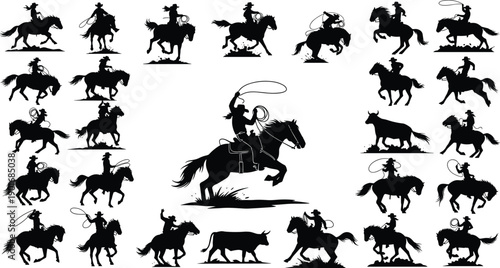 Large set of cowboy riding horse silhouettes with lasso western rodeo action poses collection isolated on white background vector