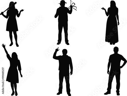 Set of people silhouettes men and women posing waving and holding sports equipment isolated on white background vector illustration