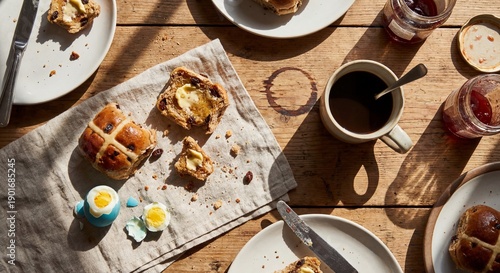 Top down view of a traditional Easter breakfast with hot cross buns, black coffee and dyed eggs on a rustic wooden table