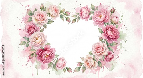 Delicate watercolor illustration of a floral heart wreath made of pink roses and peonies on an artistic white background