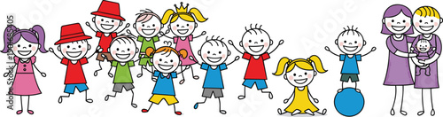 Happy family and children group illustration, cute stick figure kids playing together, joyful parents with baby, colorful cartoon drawing