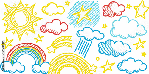 Seamless cartoon sky pattern elements, perfect for children's designs and playful backgrounds.