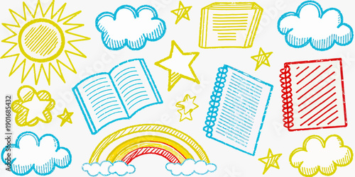 Creative notebook doodle icons, sketchy vector art for design projects, journaling, or study themes.