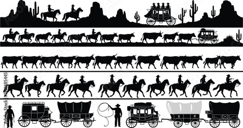 Wild west cowboy and cattle drive silhouette borders with stagecoach horses wagons and desert landscape isolated on white background vector set
