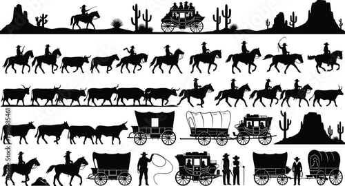 Wild west cowboy and stagecoach silhouette set with horses cattle wagons and desert landscape isolated on white background vector collection