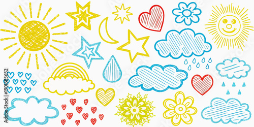 Naive hand-sketched nature symbols, child art inspired vector icons for organic designs and playful themes.