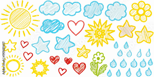 Naive hand-sketched nature symbols, child art inspired vector icons for organic designs and playful themes.