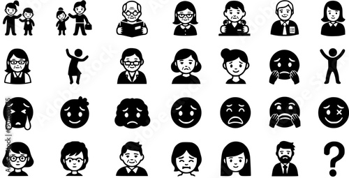 Diverse people icons and emotions collection: families, seniors, adults, children, happy, sad, crying