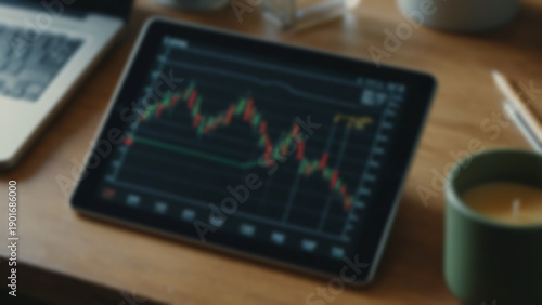 Wallpaper Mural Blurred background of precision-annotated stock chart highlighting a major resistance break and retest, with arrows, labels, and time markers, displayed on a tablet device resting on a wooden desk. Torontodigital.ca