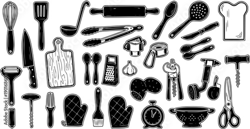 Food and Cooking Kitchen Utensils Set: Black and White Hand Drawn Outline Line Art Collection of Culinary Tools