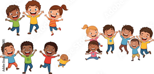 Happy cartoon children playing together, diverse kids group, joyful childhood moments, energetic boys and girls, smiling faces, fun activity, friendship celebration