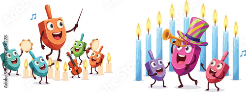 Hanukkah dreidels, musical celebration, menorah candles, cartoon characters, festive Jewish holiday, dancing tops, colorful illustration, joy, tradition, trumpet, violin