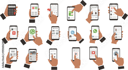 Hands using smartphone apps illustration, social media communication, online chat, video call, messaging and mobile interface vector design isolated on white